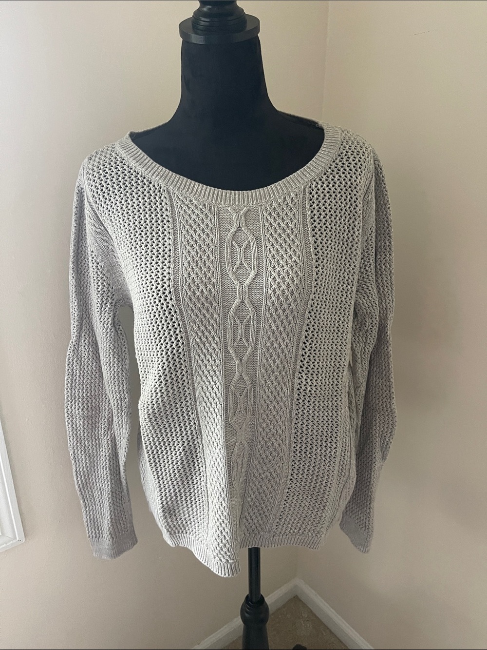 Rubbish Light Gray Cable & Open-Knit Scoop Neck Sweater